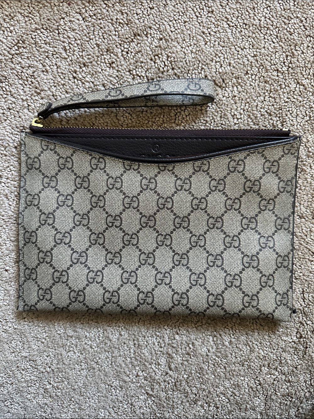 Gucci Beige Canvas Monogram Wristlet Pouch with Brown Trim